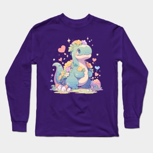 Kawaii - Flowers and T-Rex Long Sleeve T-Shirt